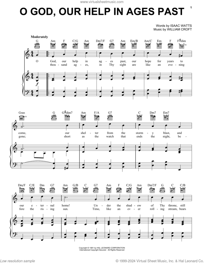 O God, Our Help In Ages Past sheet music for voice, piano or guitar by Isaac Watts, Psalm 90:1-5 and William Croft, intermediate skill level