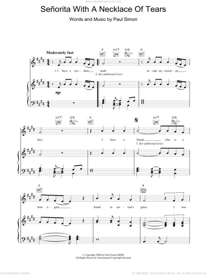 Senorita with a Necklace of Tears sheet music for voice, piano or guitar by Paul Simon, intermediate skill level