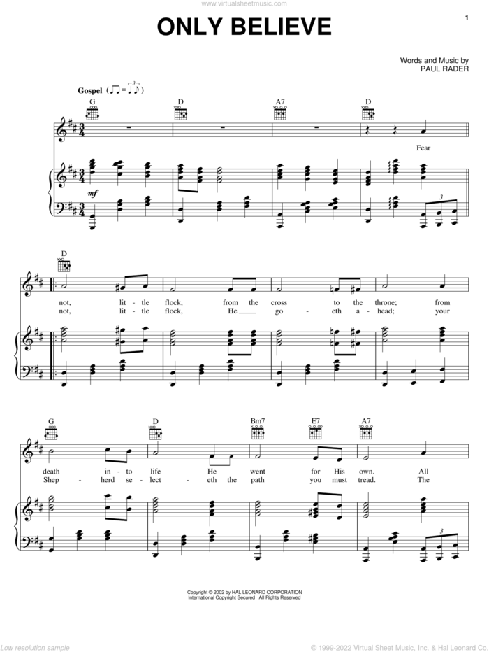 Only Believe sheet music for voice, piano or guitar by Elvis Presley and Paul Rader, intermediate skill level