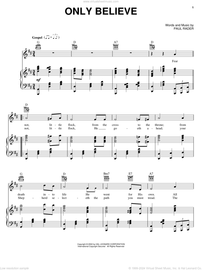 Only Believe sheet music for voice, piano or guitar by Elvis Presley and Paul Rader, intermediate skill level