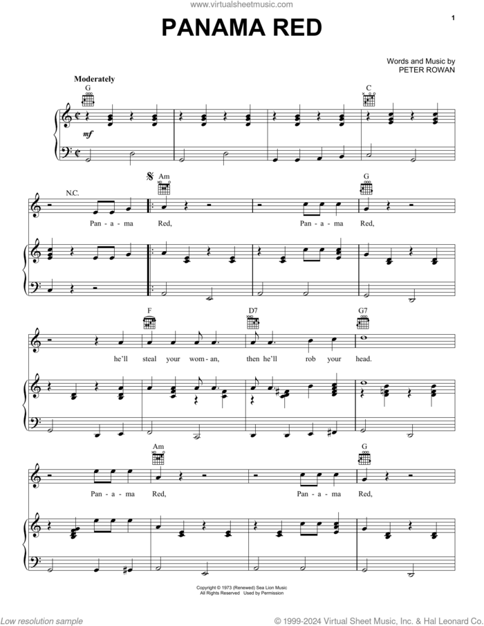 Panama Red sheet music for voice, piano or guitar by New Riders of the Purple Sage and Peter Rowan, intermediate skill level
