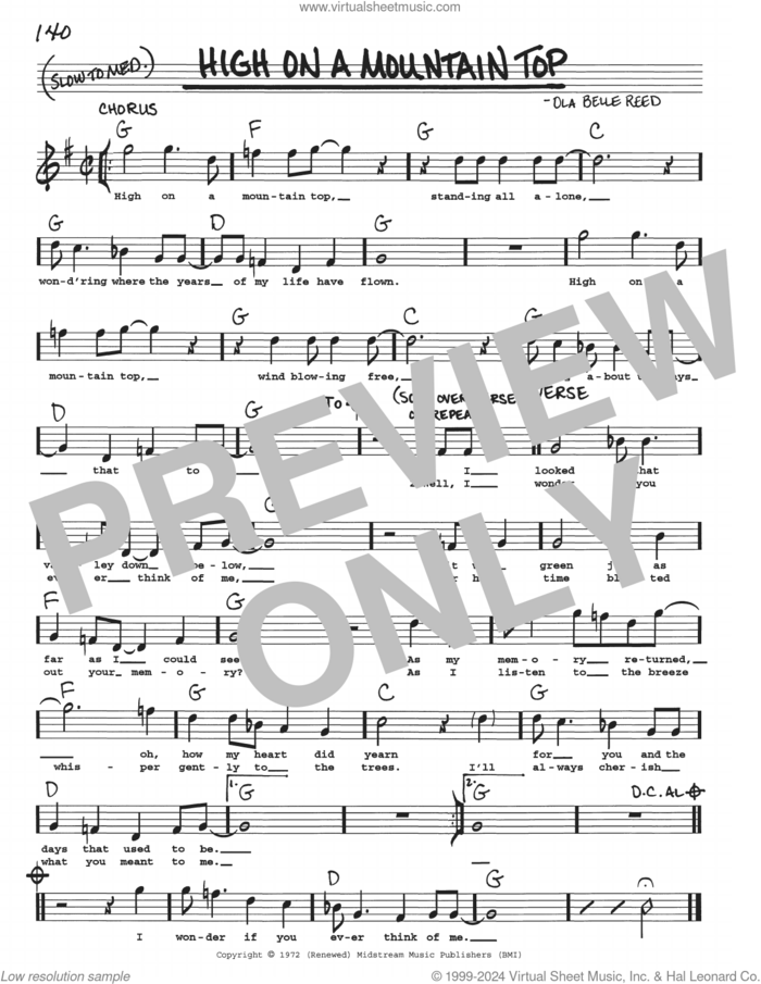 High On A Mountain Top sheet music for voice and other instruments (real book with lyrics) by Ola Belle Reed, intermediate skill level
