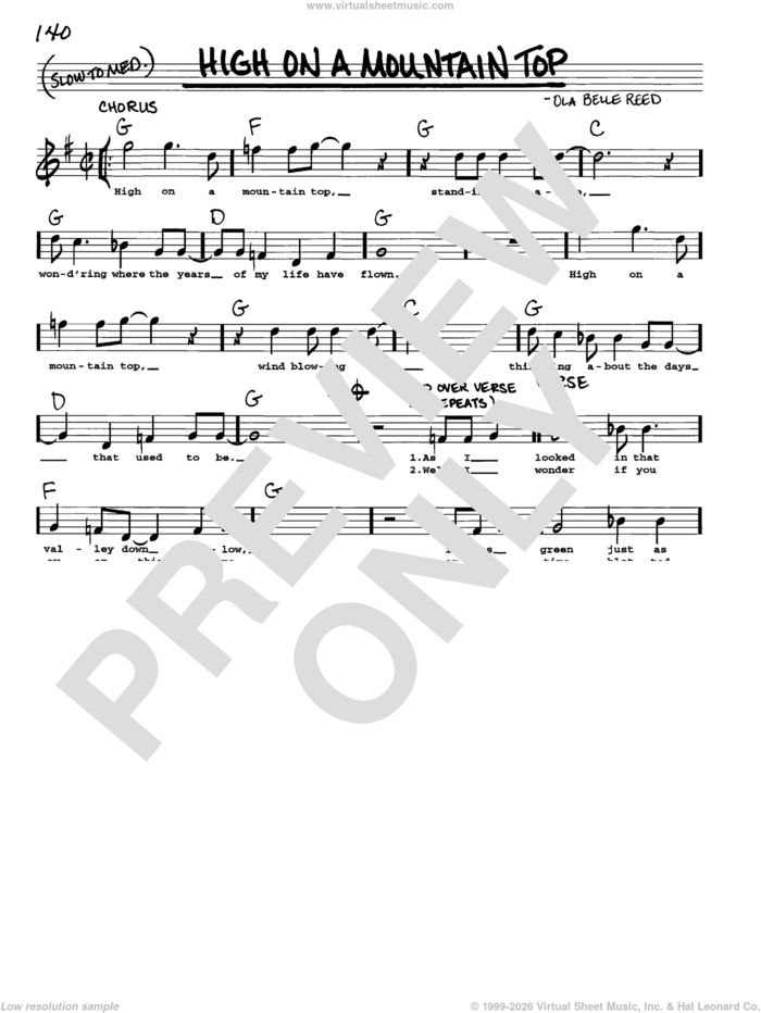 High On A Mountain Top sheet music for voice and other instruments (real book with lyrics) by Ola Belle Reed, intermediate skill level