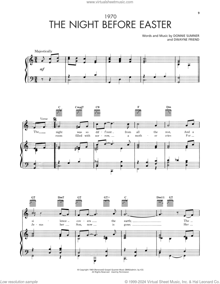 The Night Before Easter sheet music for voice, piano or guitar by Bill & Gloria Gaither, Donnie Sumner and Dwayne Friend, intermediate skill level