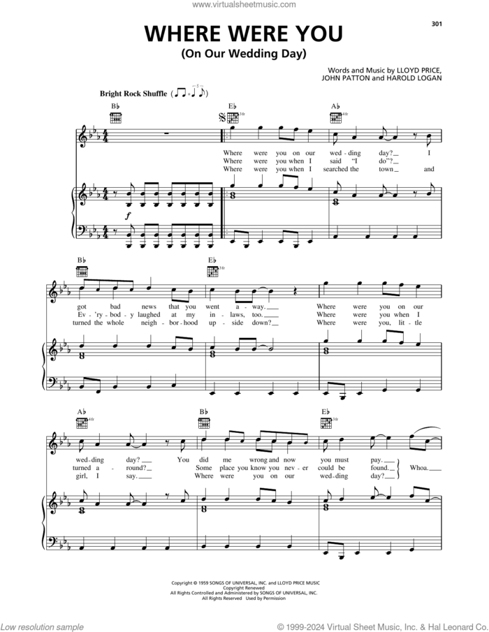 Where Were You (On Our Wedding Day) sheet music for voice, piano or guitar by Billy Joel, Harold Logan, John Patton and Lloyd Price, intermediate skill level