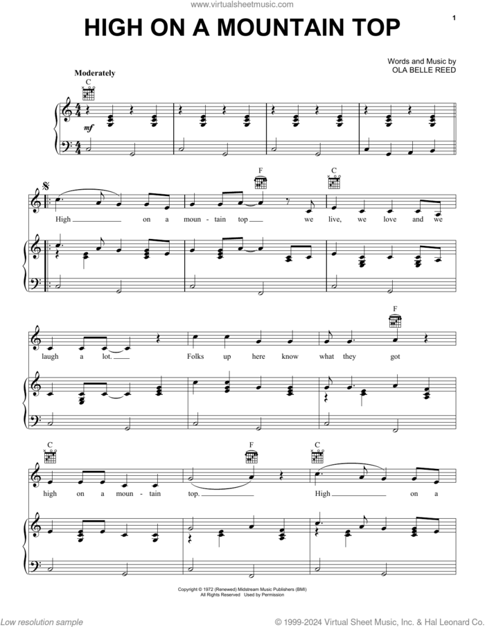 High On A Mountain Top sheet music for voice, piano or guitar by Ola Belle Reed, intermediate skill level