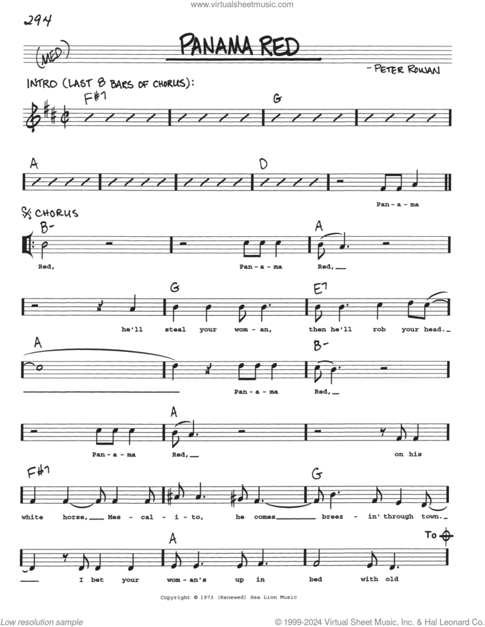 Panama Red sheet music for voice and other instruments (real book with lyrics) by New Riders of the Purple Sage and Peter Rowan, intermediate skill level