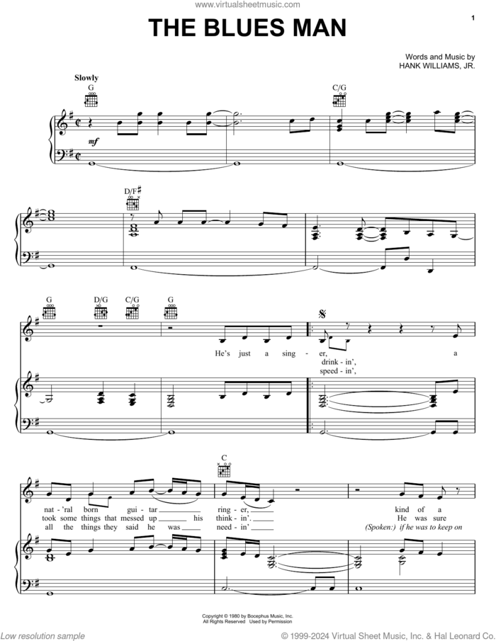 The Blues Man sheet music for voice, piano or guitar by Alan Jackson and Hank Williams, Jr., intermediate skill level