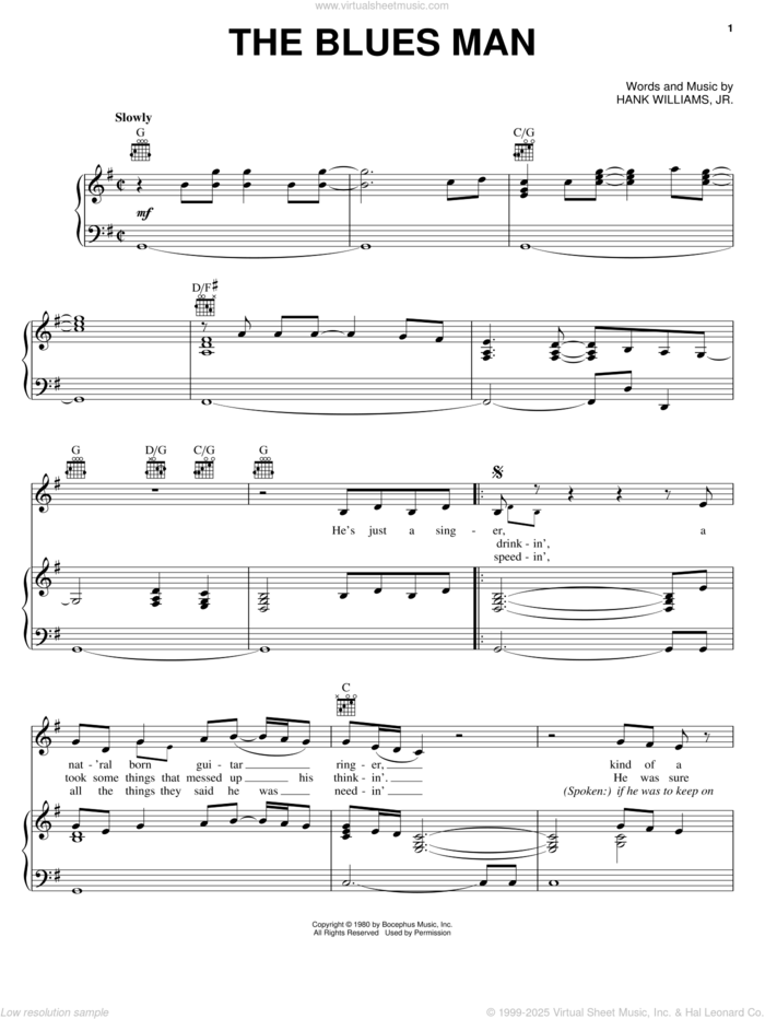 The Blues Man sheet music for voice, piano or guitar by Alan Jackson and Hank Williams, Jr., intermediate skill level