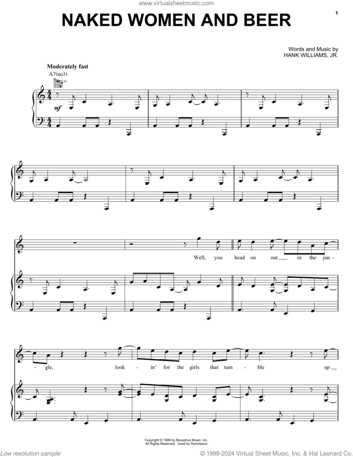 Naked Women And Beer sheet music for voice, piano or guitar by Hank Williams, Jr., intermediate skill level