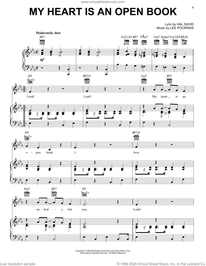 My Heart Is An Open Book sheet music for voice, piano or guitar by Carl Dobkins, Jr., Hal David and Lee Pockriss, intermediate skill level