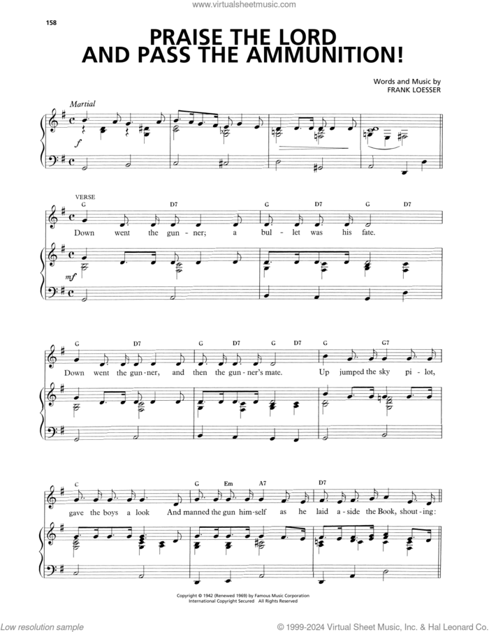 Praise The Lord And Pass The Ammunition! sheet music for voice, piano or guitar by Frank Loesser, intermediate skill level