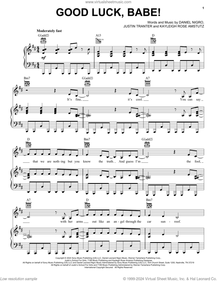 Good Luck, Babe! sheet music for voice, piano or guitar by Chappell Roan, Daniel Nigro, Justin Tranter and Kayleigh Rose Amstutz, intermediate skill level