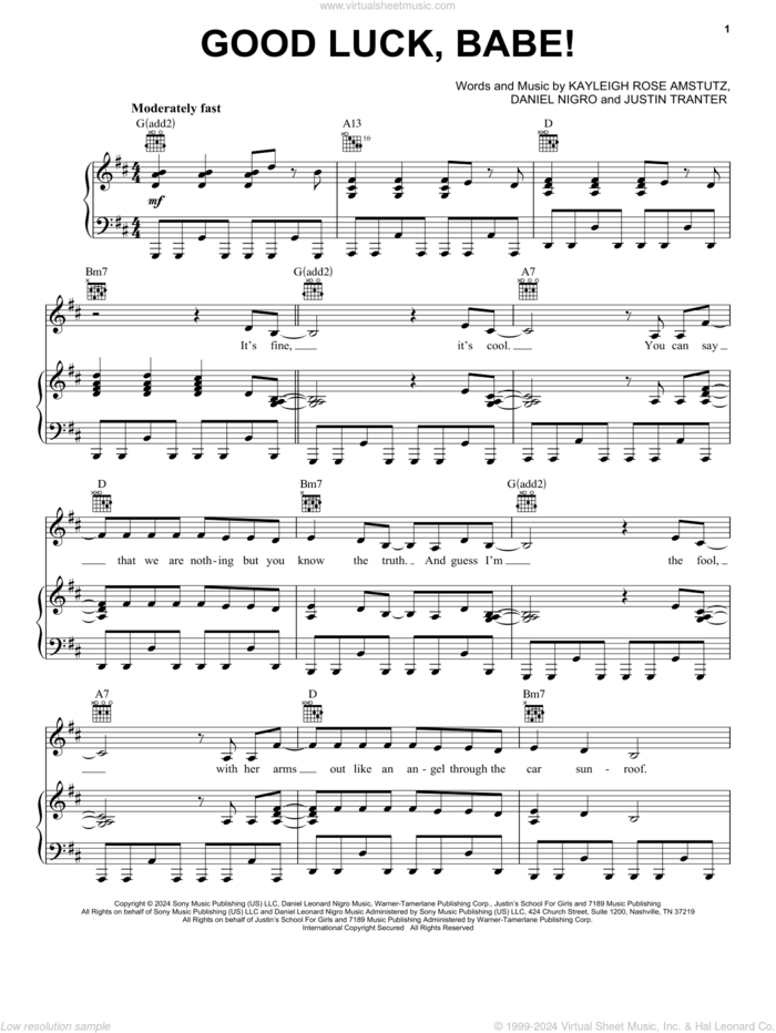 Good Luck, Babe! sheet music for voice, piano or guitar by Chappell Roan, Daniel Nigro, Justin Tranter and Kayleigh Rose Amstutz, intermediate skill level