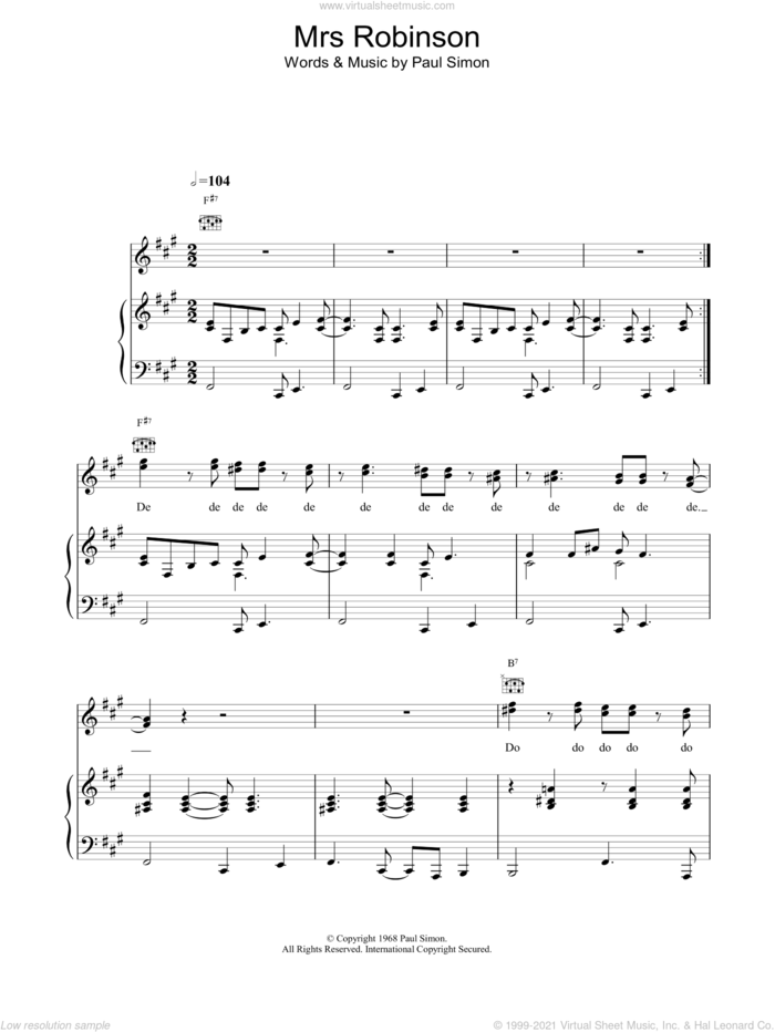 Mrs. Robinson sheet music for voice, piano or guitar by Simon & Garfunkel and Paul Simon, intermediate skill level