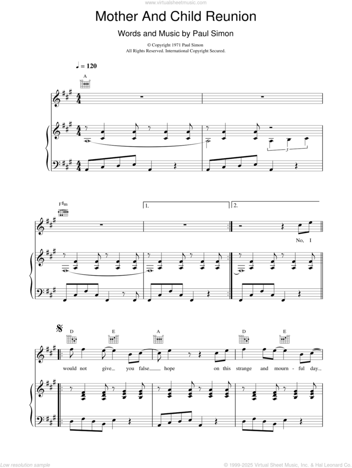 Mother And Child Reunion sheet music for voice, piano or guitar by Paul Simon, intermediate skill level