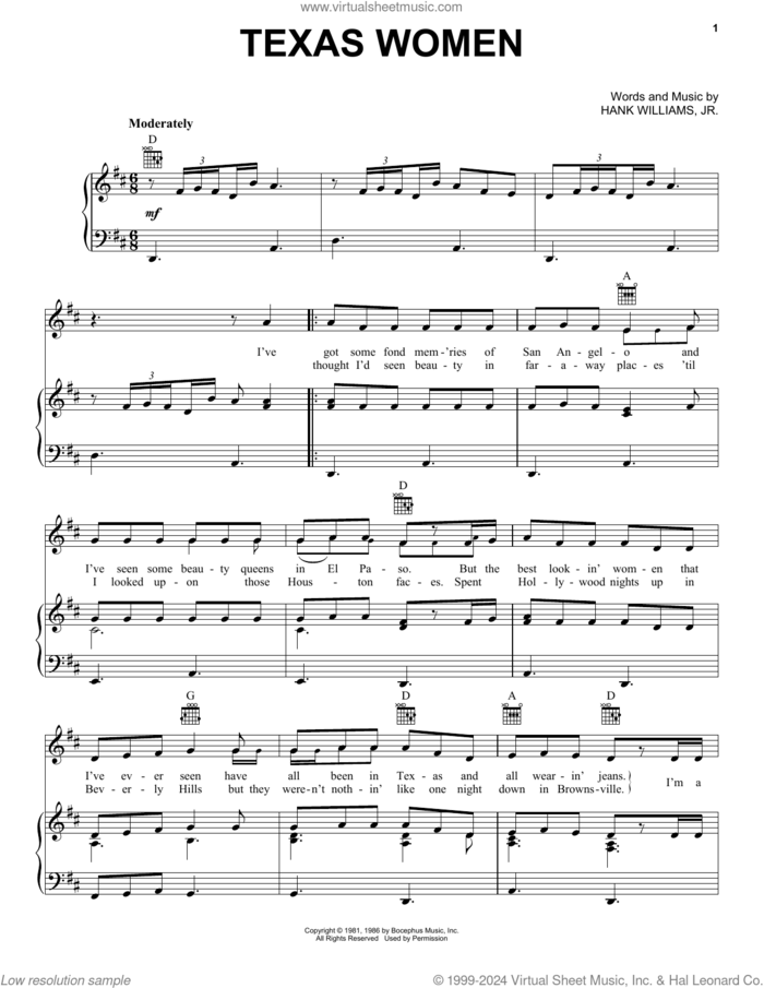 Texas Women sheet music for voice, piano or guitar by Hank Williams, Jr., intermediate skill level