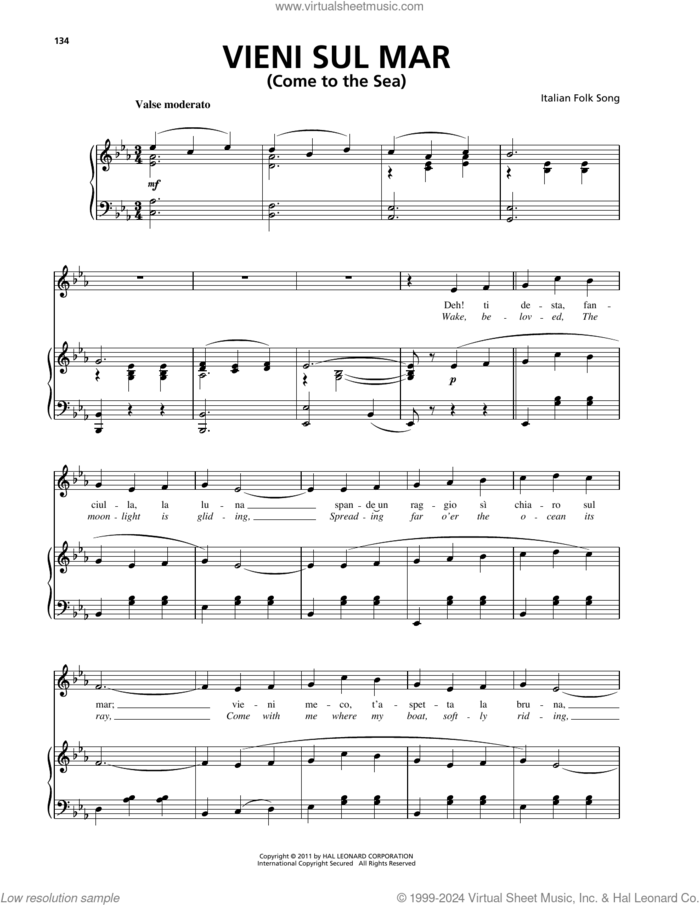 Vieni Sul Mar sheet music for voice, piano or guitar, classical score, intermediate skill level