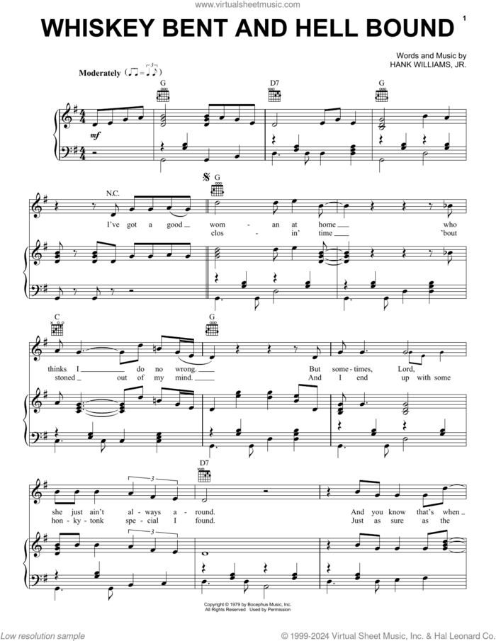 Whiskey Bent And Hell Bound sheet music for voice, piano or guitar by Hank Williams, Jr., intermediate skill level