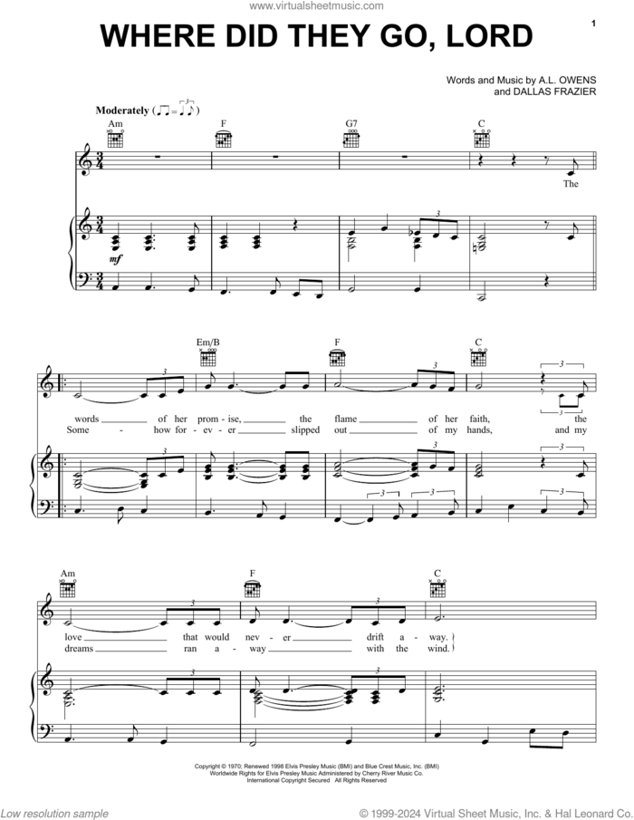Where Did They Go, Lord sheet music for voice, piano or guitar by Elvis Presley, A.L. Owens and Dallas Frazier, intermediate skill level