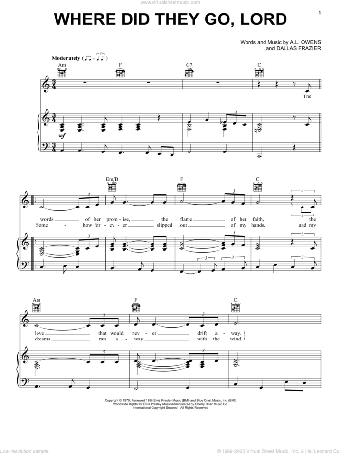 Where Did They Go, Lord sheet music for voice, piano or guitar by Elvis Presley, A.L. Owens and Dallas Frazier, intermediate skill level