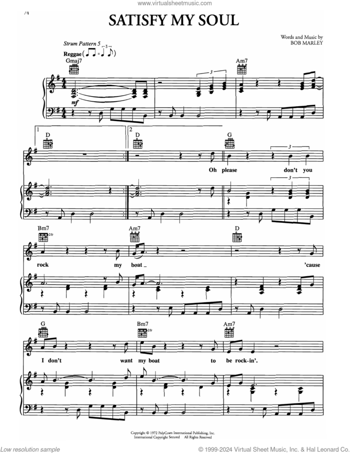 Satisfy My Soul sheet music for voice, piano or guitar by Bob Marley, intermediate skill level