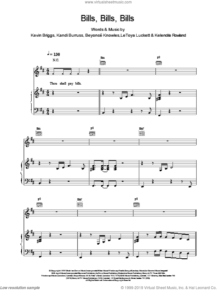 Bills, Bills, Bills sheet music for voice, piano or guitar by Destiny's Child, Beyonce, Kandi Burruss, Kevin Briggs and Knowles,BeyoncA�A�, intermediate skill level
