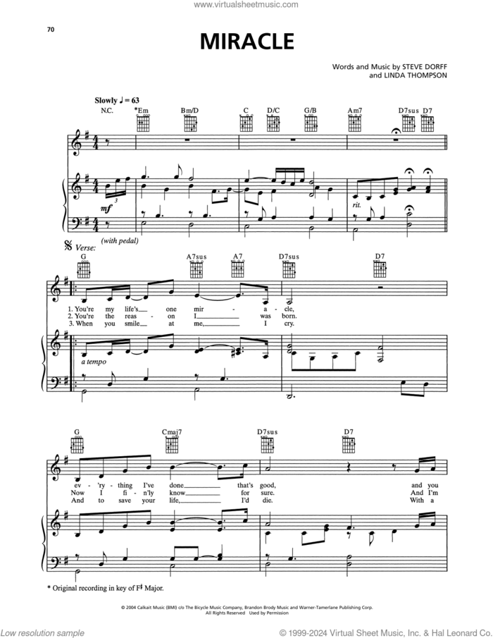Miracle sheet music for voice, piano or guitar by Celine Dion, Linda Thompson and Steve Dorff, intermediate skill level