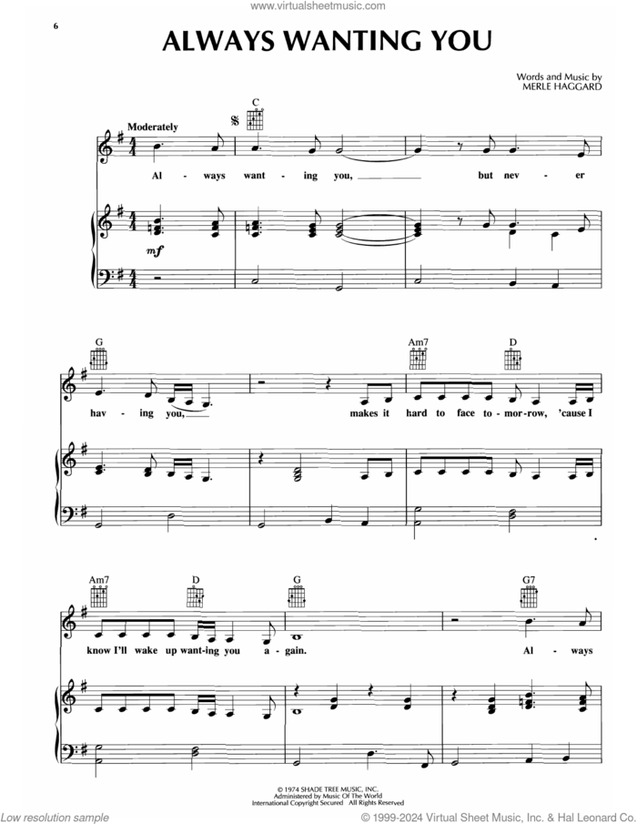 Always Wanting You sheet music for voice, piano or guitar by Merle Haggard, intermediate skill level