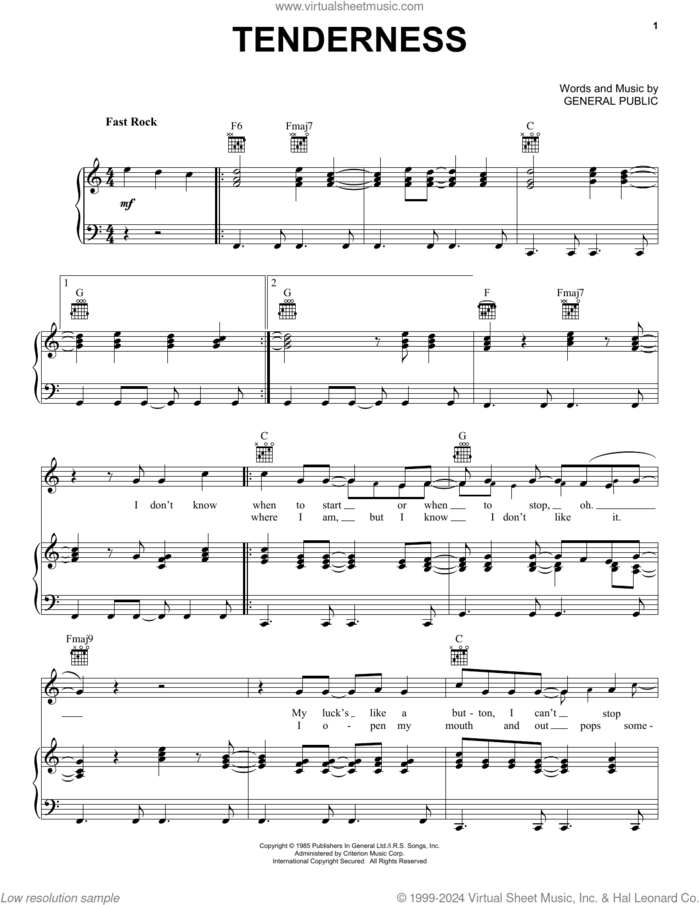 Tenderness sheet music for voice, piano or guitar by General Public, intermediate skill level