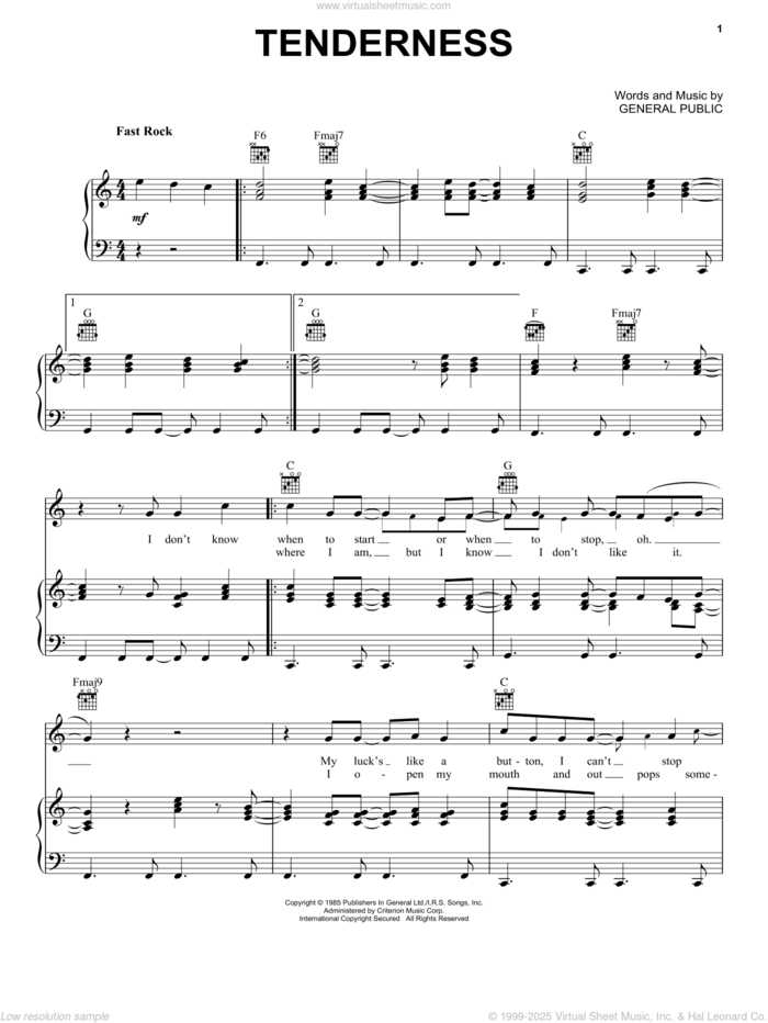 Tenderness sheet music for voice, piano or guitar by General Public, intermediate skill level