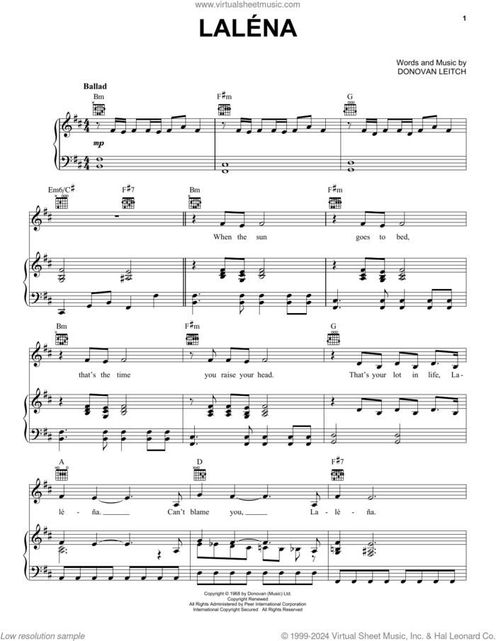 Lalena sheet music for voice, piano or guitar by Walter Donovan and Donovan Leitch, intermediate skill level