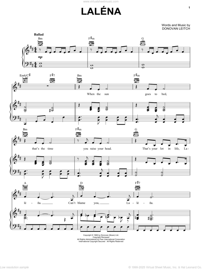 Lalena sheet music for voice, piano or guitar by Walter Donovan and Donovan Leitch, intermediate skill level