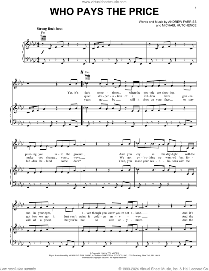 Who Pays The Price sheet music for voice, piano or guitar by INXS, Andrew Farriss and Michael Hutchence, intermediate skill level