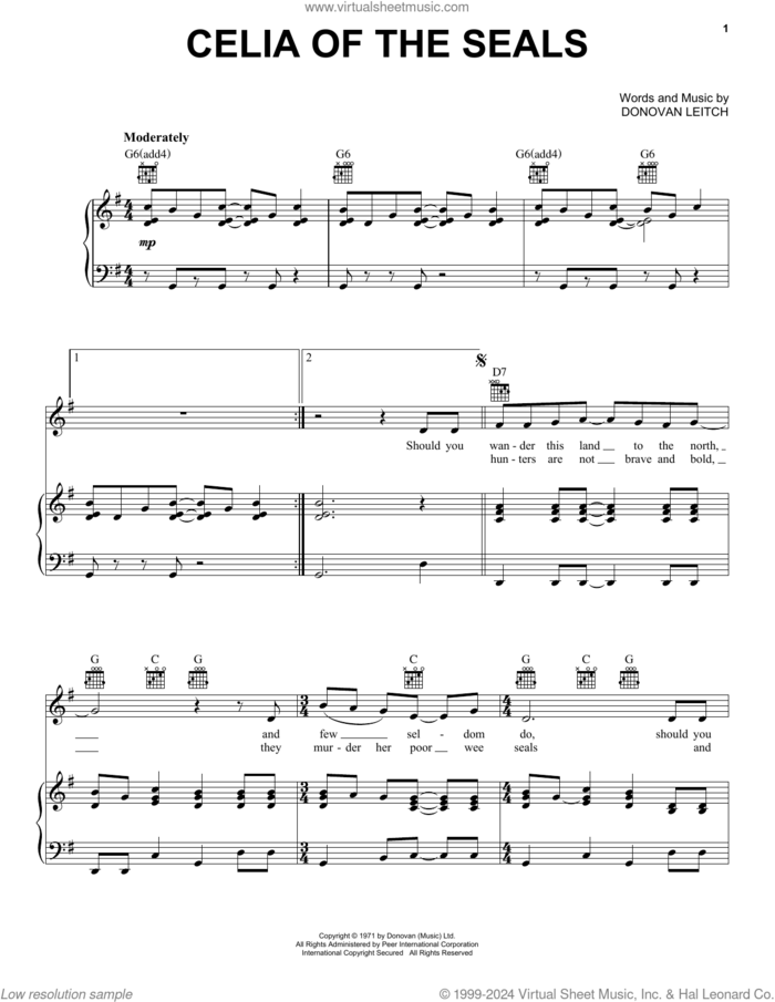 Celia Of The Seals sheet music for voice, piano or guitar by Walter Donovan and Donovan Leitch, intermediate skill level
