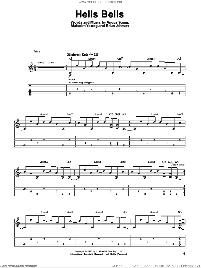 Hells Bells sheet music for guitar (tablature, play-along) by AC/DC, Angus Young, Brian Johnson and Malcolm Young, intermediate skill level