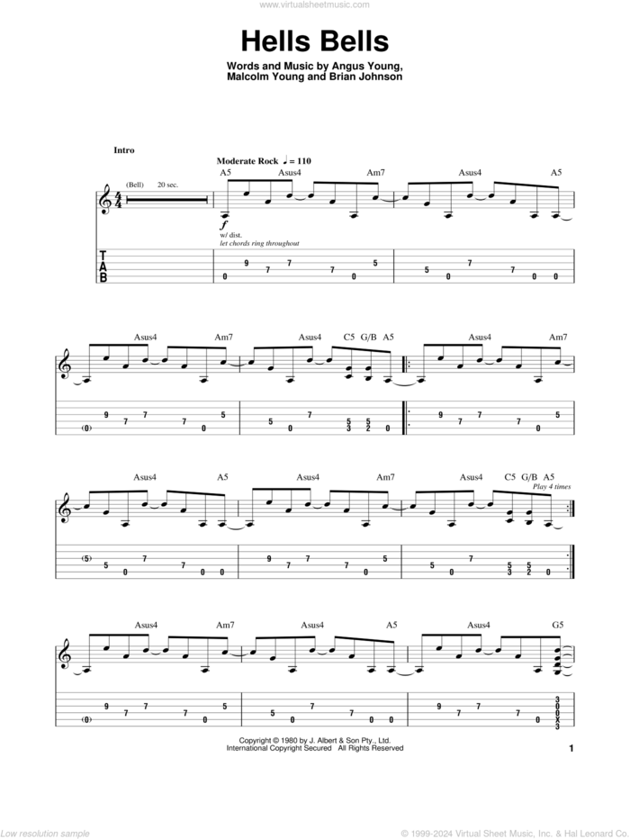 Hells Bells sheet music for guitar (tablature, play-along) by AC/DC, Angus Young, Brian Johnson and Malcolm Young, intermediate skill level