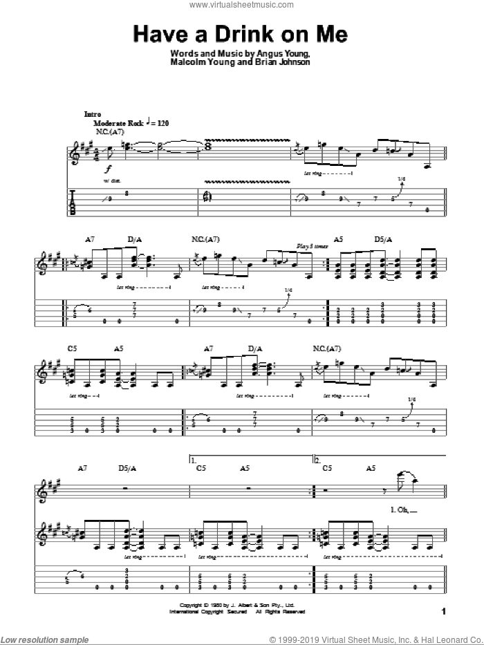 Have A Drink On Me sheet music for guitar (tablature, play-along) by AC/DC, Angus Young, Brian Johnson and Malcolm Young, intermediate skill level