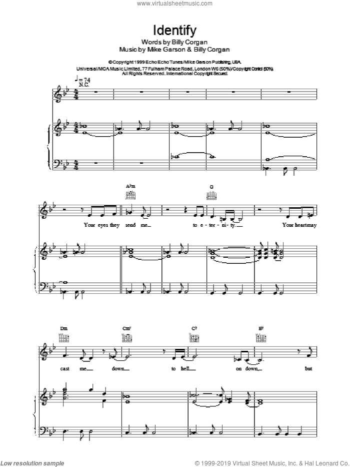 Identify sheet music for voice, piano or guitar by Billy Corgan, Natalie Imbruglia and Mike Garson, intermediate skill level