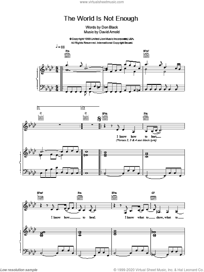 The World Is Not Enough sheet music for voice, piano or guitar by Don Black, Garbage and David Arnold, intermediate skill level