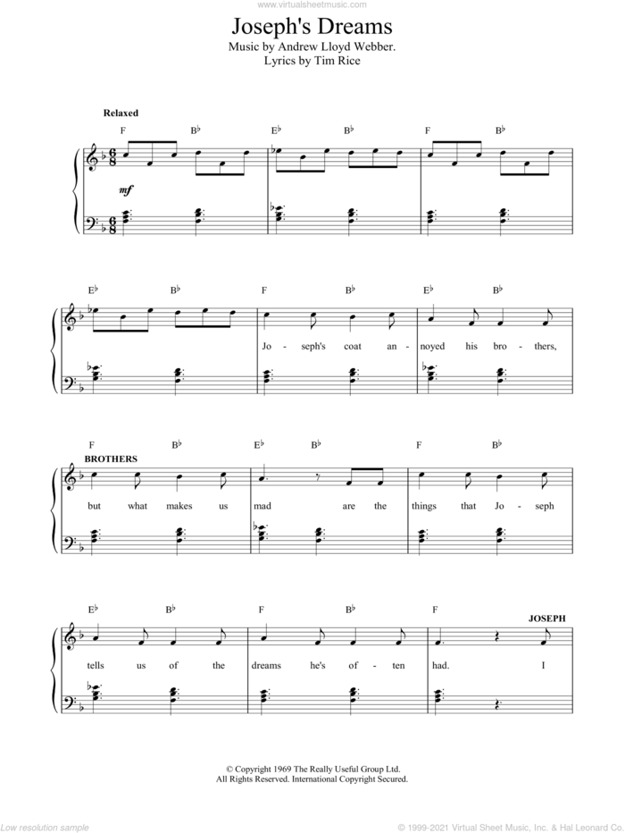 Joseph's Dreams (from Joseph And The Amazing Technicolor Dreamcoat) sheet music for piano solo by Andrew Lloyd Webber, easy skill level