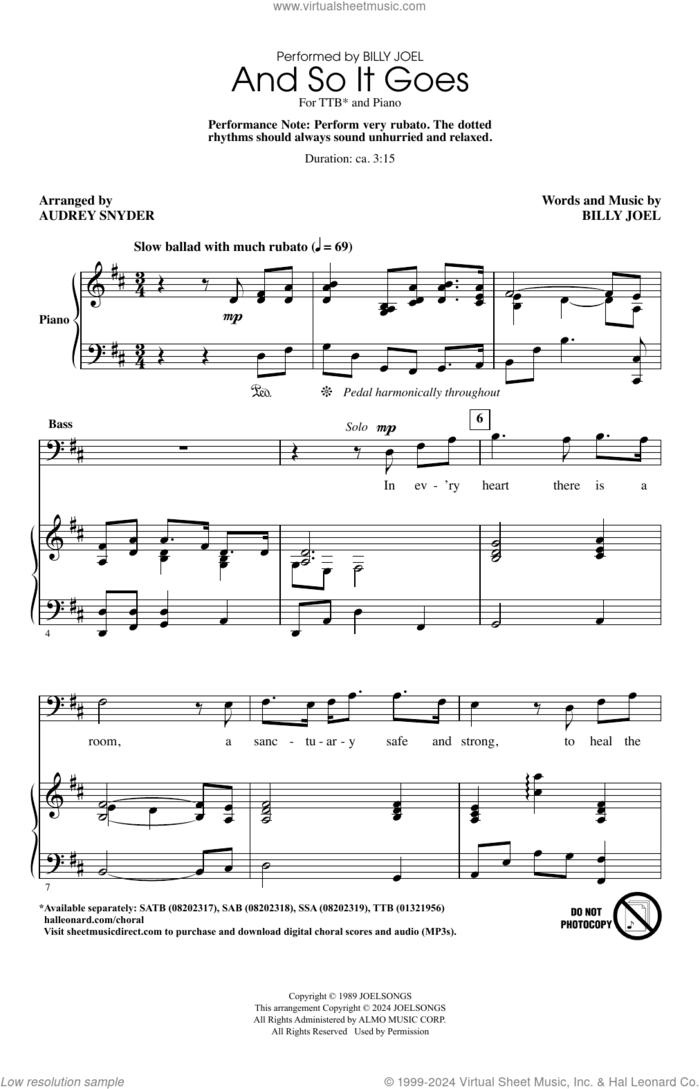 And So It Goes (arr. Audrey Snyder) sheet music for choir (TTBBB) by Billy Joel and Audrey Snyder, intermediate skill level