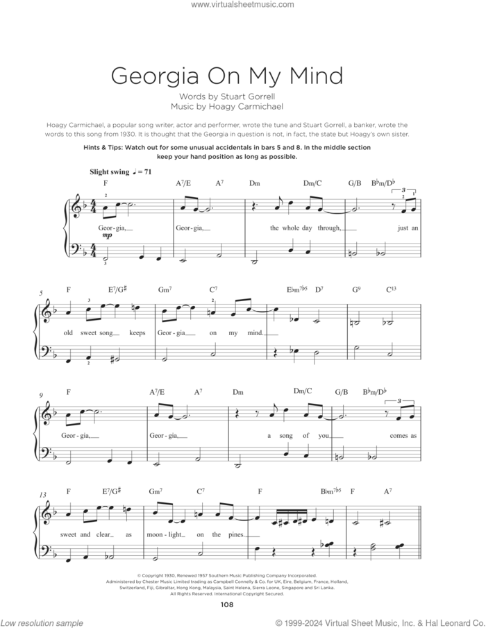 Georgia On My Mind sheet music for piano solo by Ray Charles, Willie Nelson, Hoagy Carmichael and Stuart Gorrell, beginner skill level