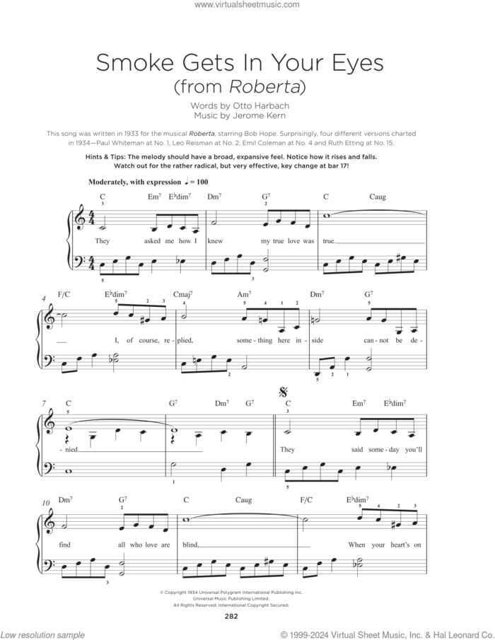 Smoke Gets In Your Eyes sheet music for piano solo by The Platters, Jerome Kern and Otto Harbach, beginner skill level