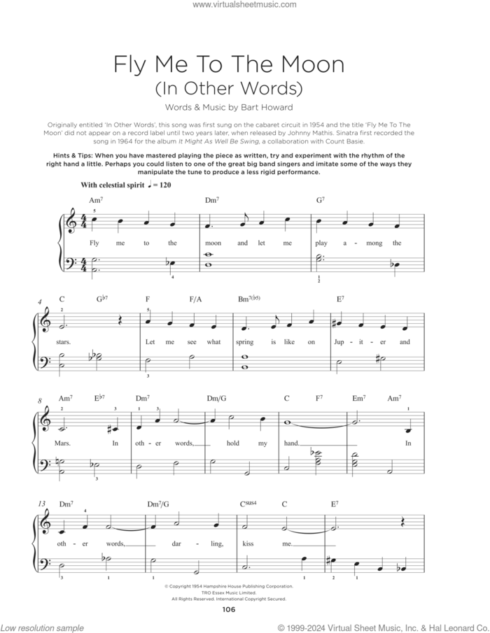 Fly Me To The Moon (In Other Words) sheet music for piano solo by Tony Bennett and Bart Howard, beginner skill level