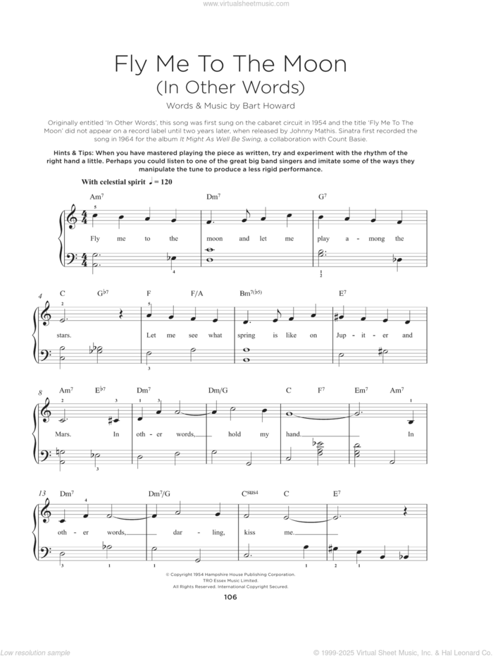 Fly Me To The Moon (In Other Words) sheet music for piano solo by Tony Bennett and Bart Howard, beginner skill level