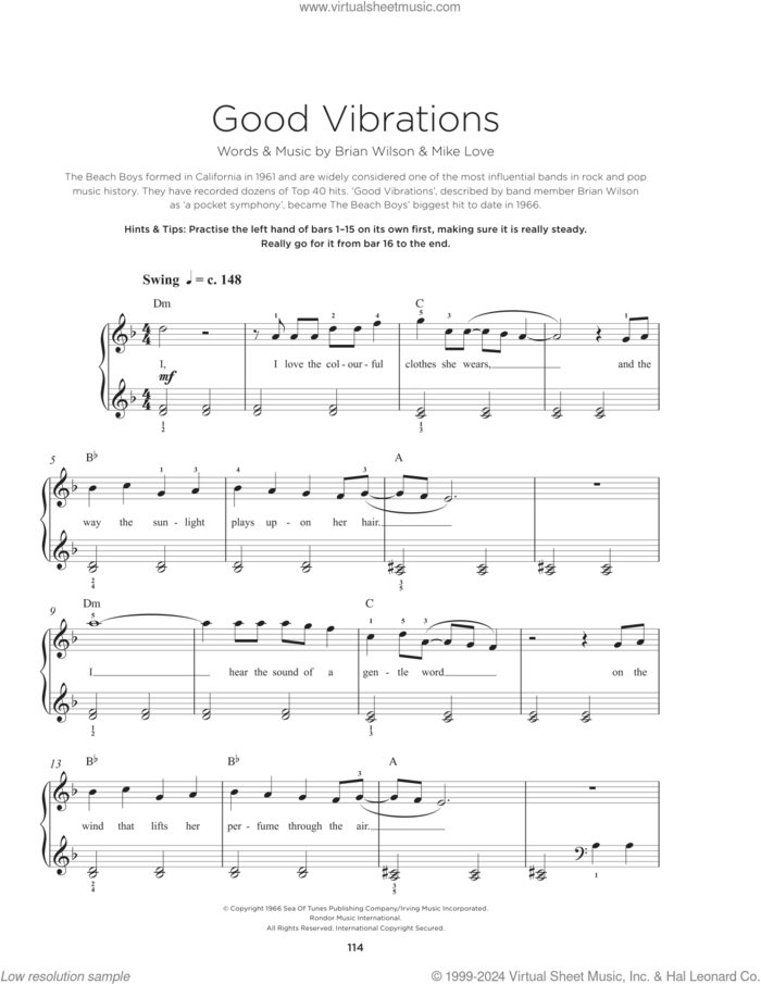 Good Vibrations sheet music for piano solo by The Beach Boys, Brian Wilson and Mike Love, beginner skill level
