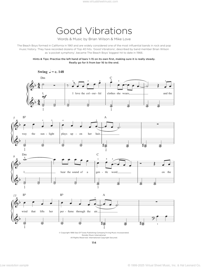 Good Vibrations sheet music for piano solo by The Beach Boys, Brian Wilson and Mike Love, beginner skill level