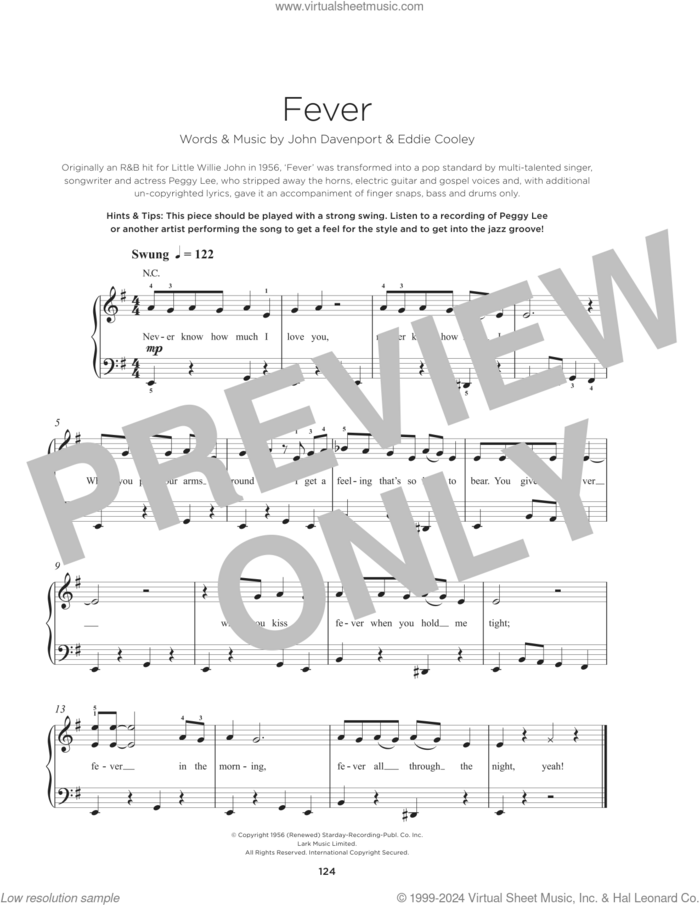 Fever sheet music for piano solo by Peggy Lee, Eddie Cooley and John Davenport, beginner skill level