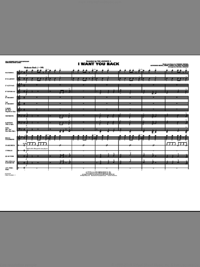 I Want You Back (COMPLETE) sheet music for marching band by Michael Sweeney, Alphonso Mizell, Berry Gordy, Deke Richards, Frederick Perren and The Jackson 5, intermediate skill level